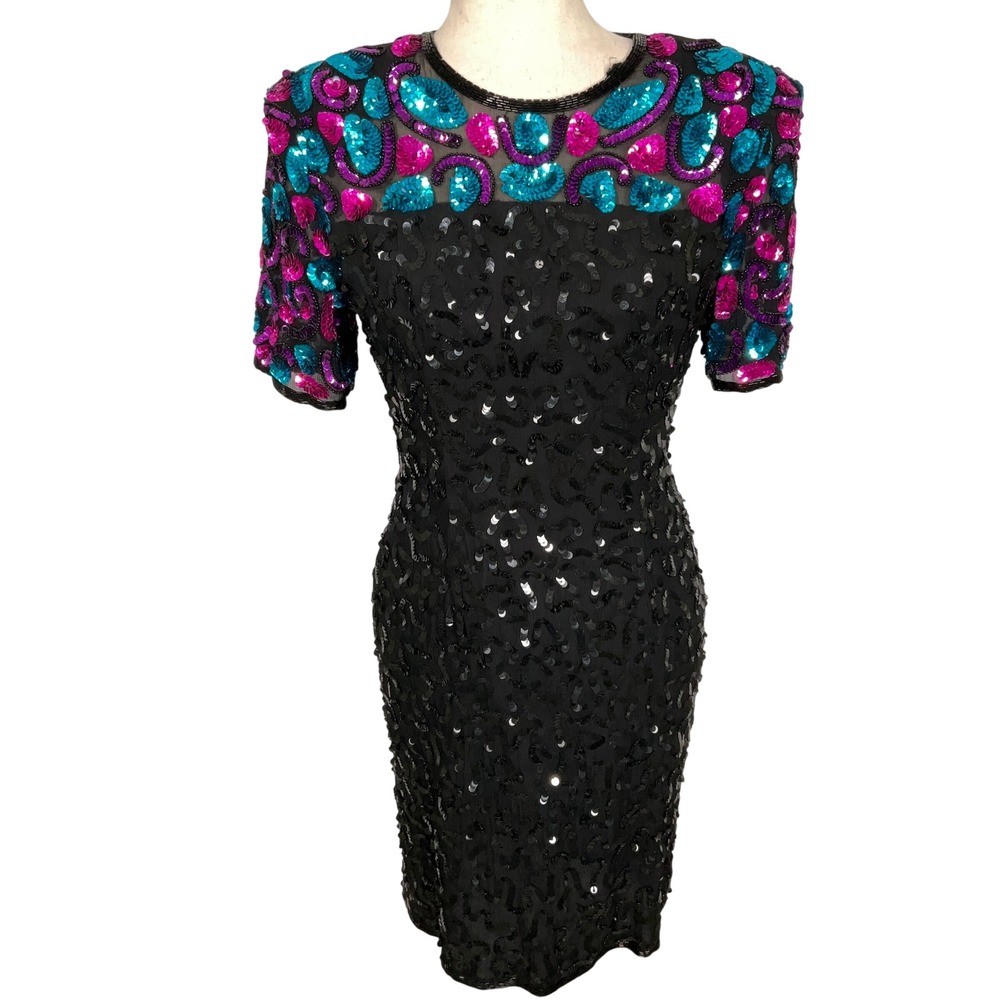 STENAY Dress Womens‎ 8P Black Turquoise Sequin All Bead Silk Statement Formal